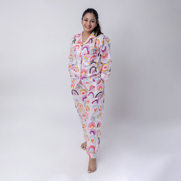 Cotton Pyjama Set For Women | Rainbow Print | White