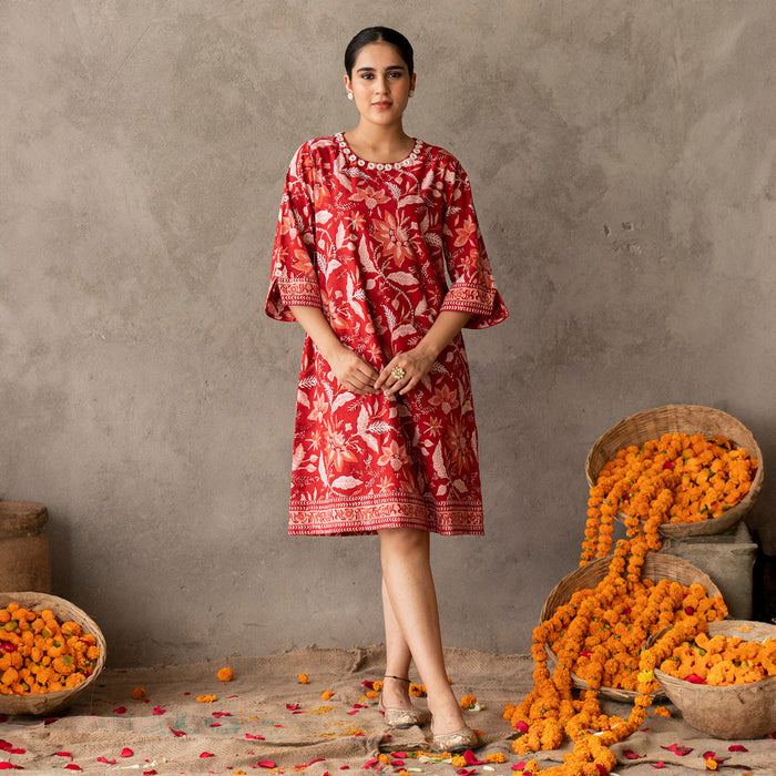 Cotton Mini A Line Dress for Women | Block Printed | Red