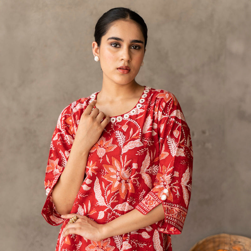 Cotton Mini A Line Dress for Women | Block Printed | Red