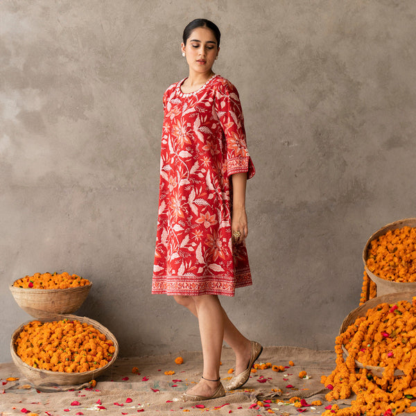 Cotton Mini A Line Dress for Women | Block Printed | Red