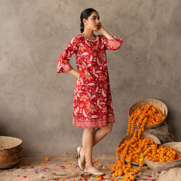 Cotton Mini A Line Dress for Women | Block Printed | Red