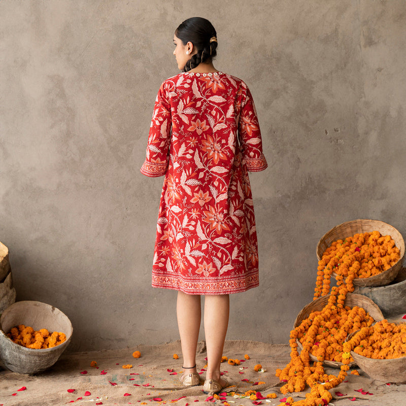 Cotton Mini A Line Dress for Women | Block Printed | Red