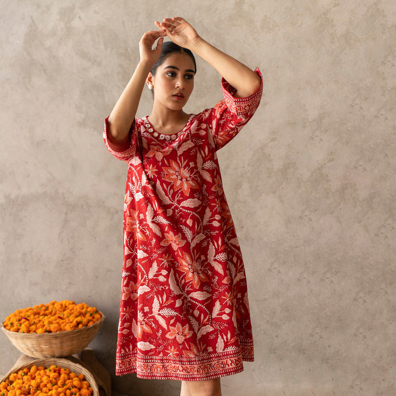 Cotton Mini A Line Dress for Women | Block Printed | Red