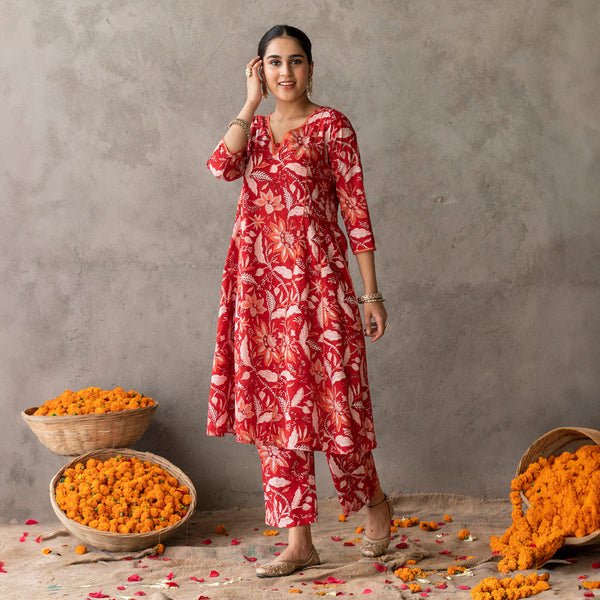 Cotton Anarkali Kurti for Women | Floral Print | Block Printed | Red