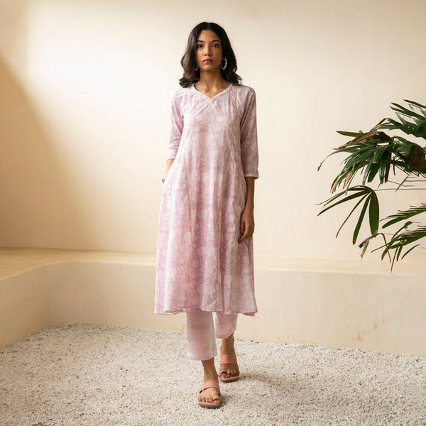 Cotton Anarkali Kurta for Women | Handblock Print | Pink