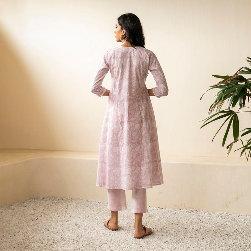 Cotton Anarkali Kurta for Women | Handblock Print | Pink