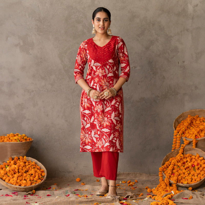 Cotton Straight Kurta Set With Shibori Dupatta | Block Printed | Red