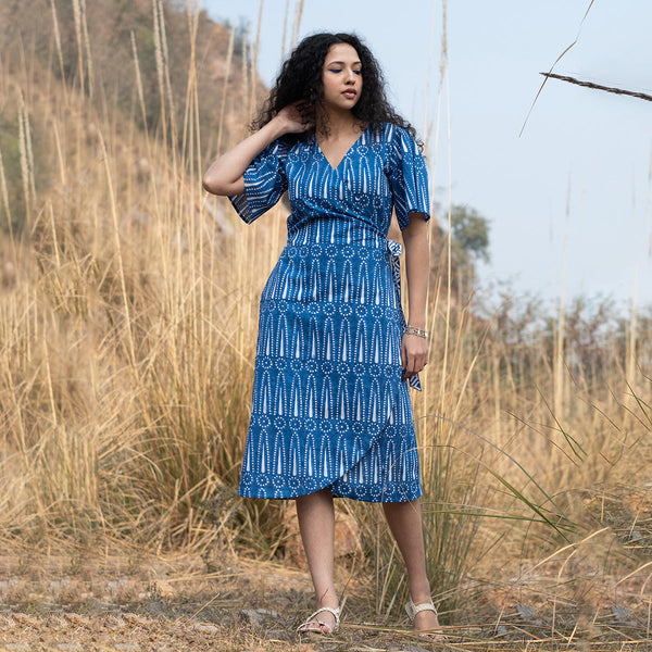 Cotton Wrap Dress for Women | Block Print | Indigo