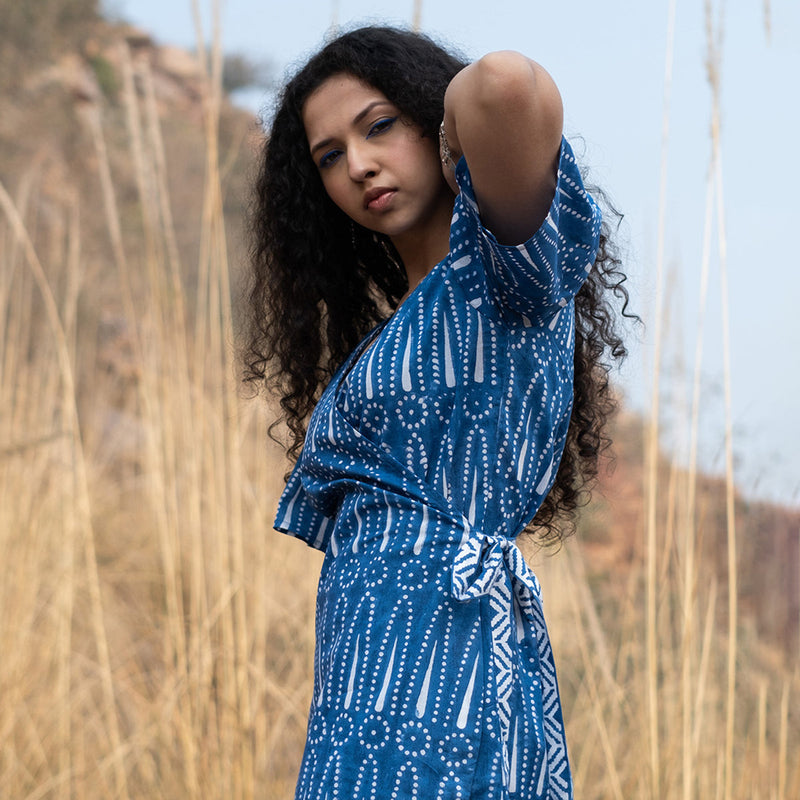 Cotton Wrap Dress for Women | Block Print | Indigo