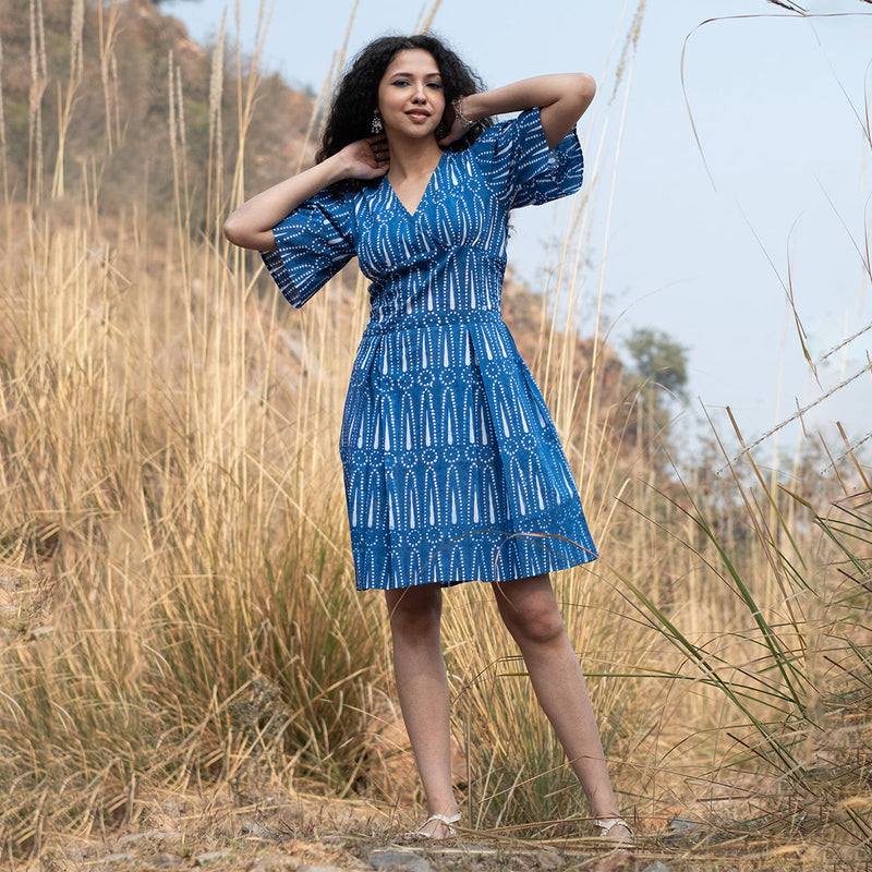 Cotton Short Dress for Women | Indigo | Block Print