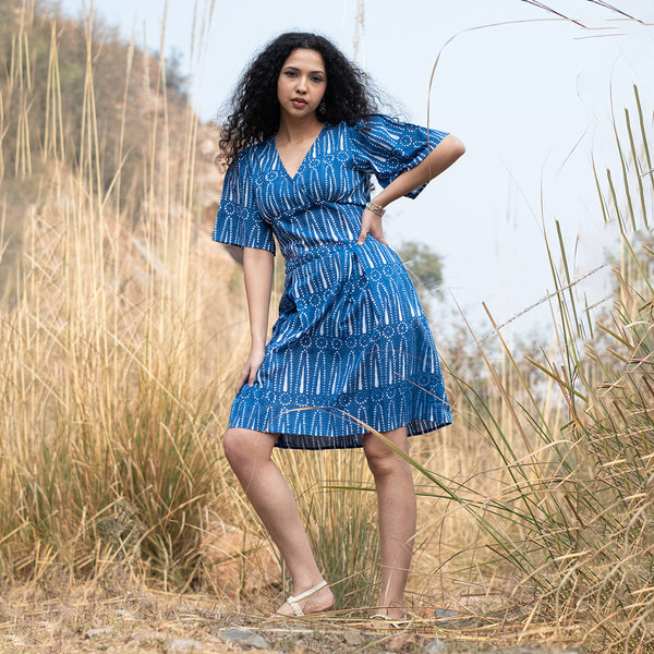 Cotton Short Dress for Women | Indigo | Block Print