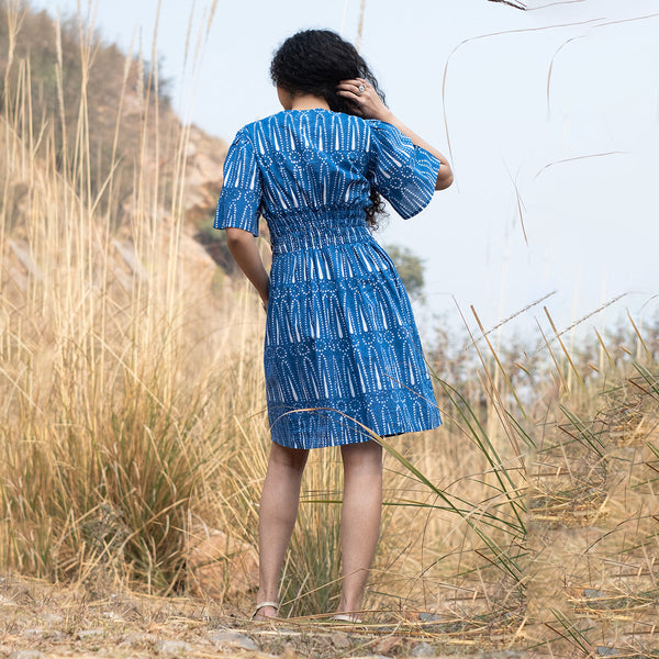 Cotton Short Dress for Women | Indigo | Block Print