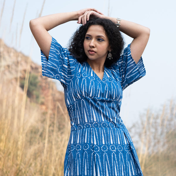 Cotton Short Dress for Women | Indigo | Block Print