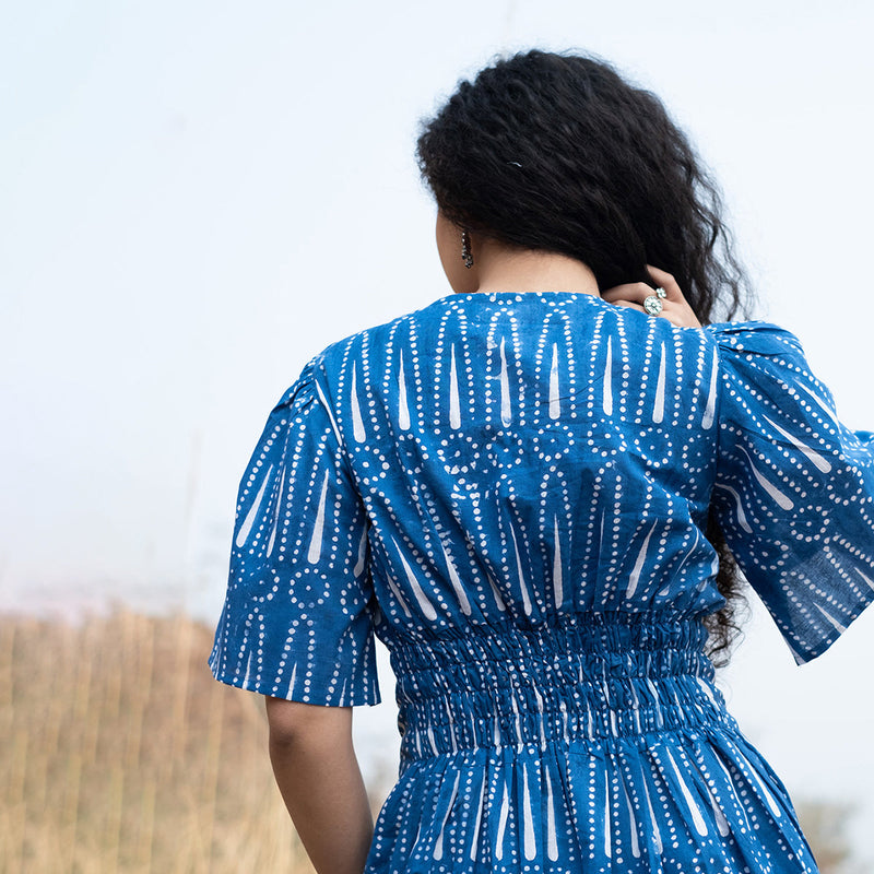 Cotton Short Dress for Women | Indigo | Block Print