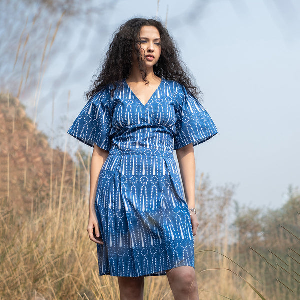 Cotton Short Dress for Women | Indigo | Block Print