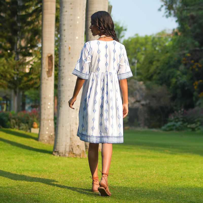 Cotton Printed Dress for Women | Blue | Knee Length