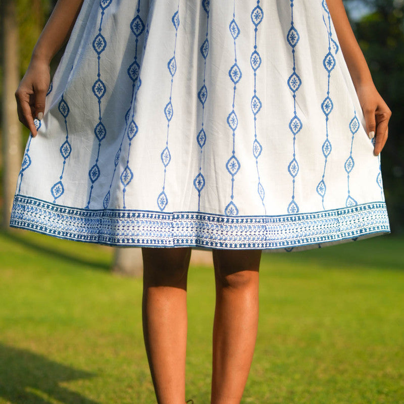 Cotton Printed Dress for Women | Blue | Knee Length