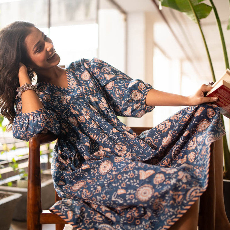 Cotton Block Print Dress for Women | Blue | Fit & Flared