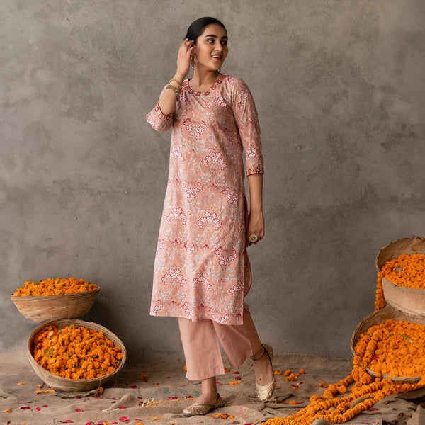 Cotton Straight Kurta Set for Women | Block Printed | Neck Embroidery | Peach