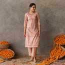 Cotton Straight Kurta Set for Women | Block Printed | Neck Embroidery | Peach