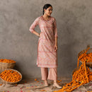 Cotton Straight Kurta Set for Women | Block Printed | Neck Embroidery | Peach