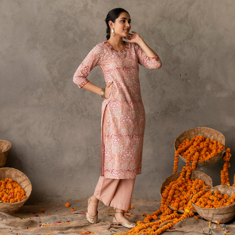 Cotton Straight Kurta Set for Women | Block Printed | Neck Embroidery | Peach