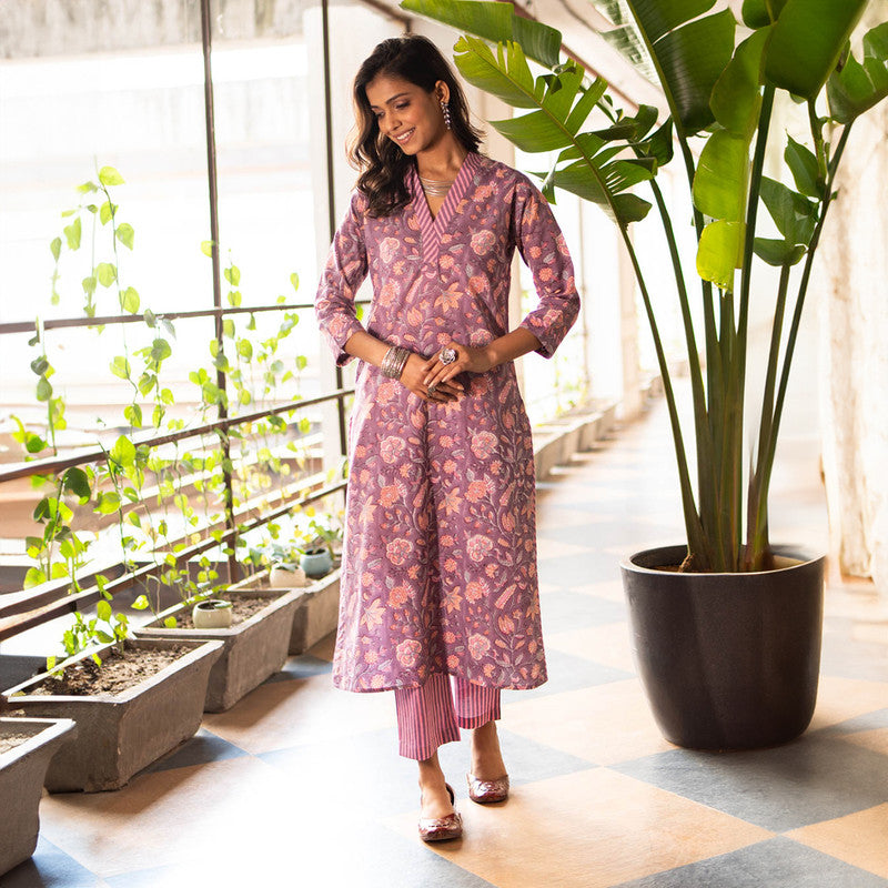 Cotton Printed Kurta Set | Purple | Straight Fit