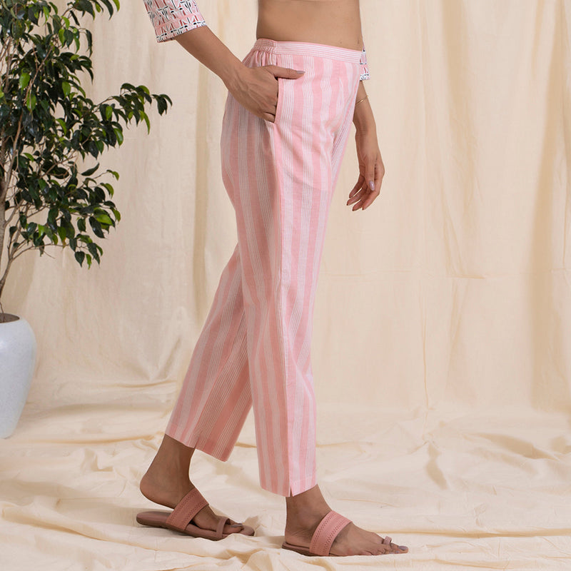 Cotton Straight Pajama Pants | Striped | Baby Pink