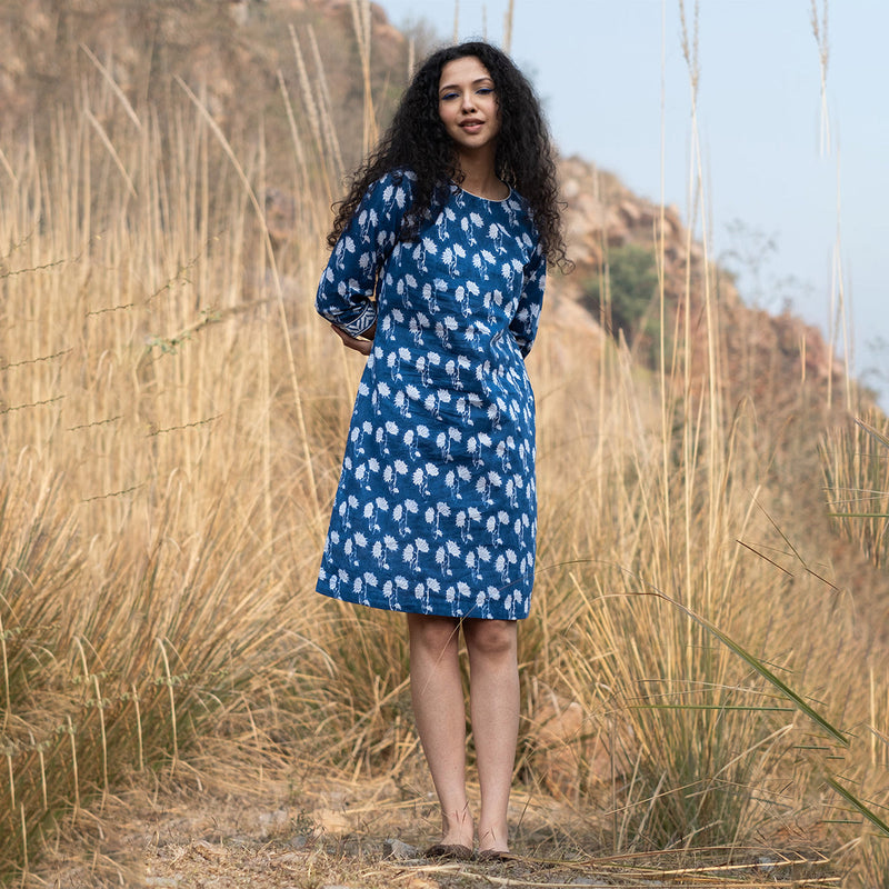 Cotton Indigo Dress for Women | Block Print | Knee Length