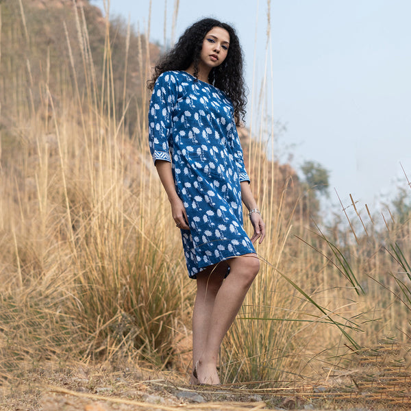 Cotton Indigo Dress for Women | Block Print | Knee Length