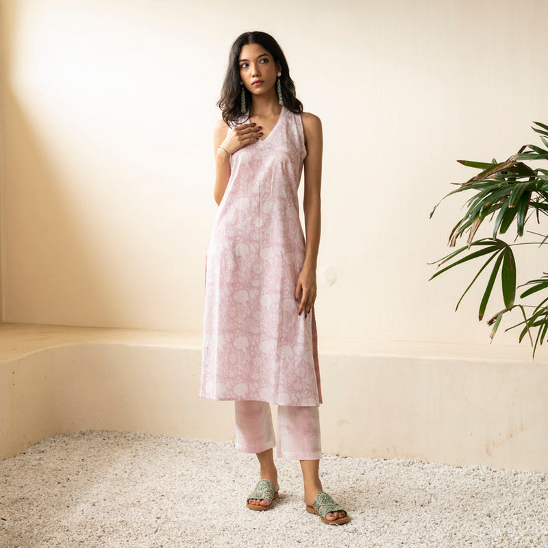 Cotton Sleeveless Kurta Set | Block Print | Blush Pink