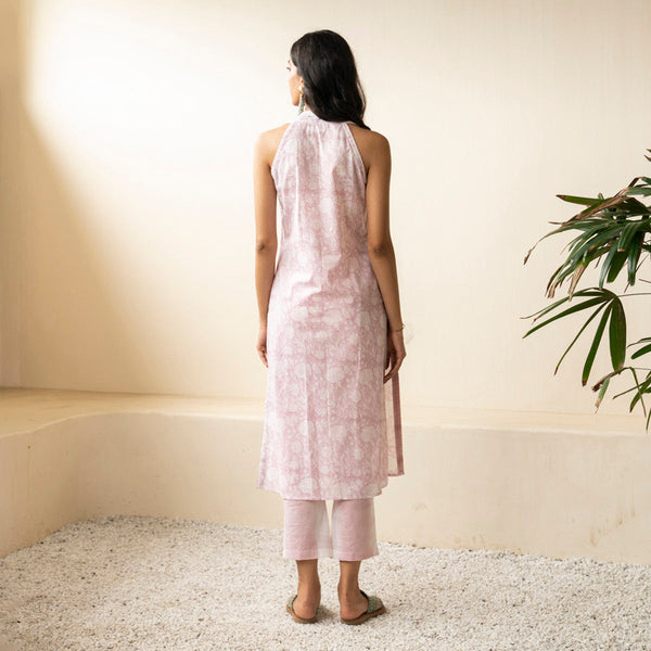 Cotton Sleeveless Kurta Set | Block Print | Blush Pink