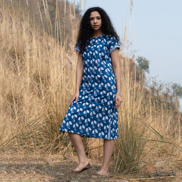 Cotton Midi Dress for Women | Block Print | Indigo