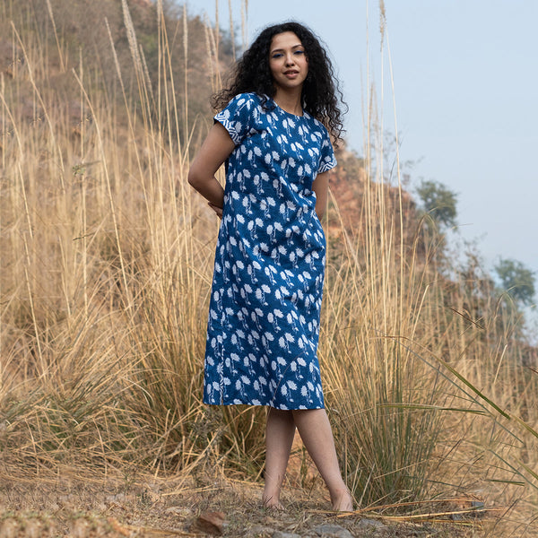 Cotton Midi Dress for Women | Block Print | Indigo