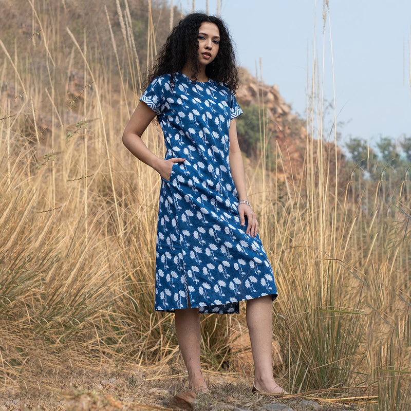 Cotton Midi Dress for Women | Block Print | Indigo