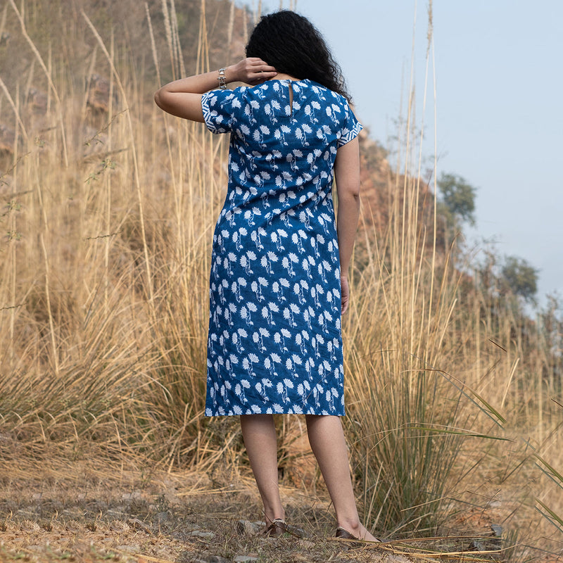 Cotton Midi Dress for Women | Block Print | Indigo