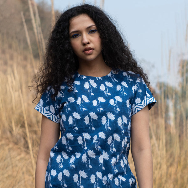 Cotton Midi Dress for Women | Block Print | Indigo