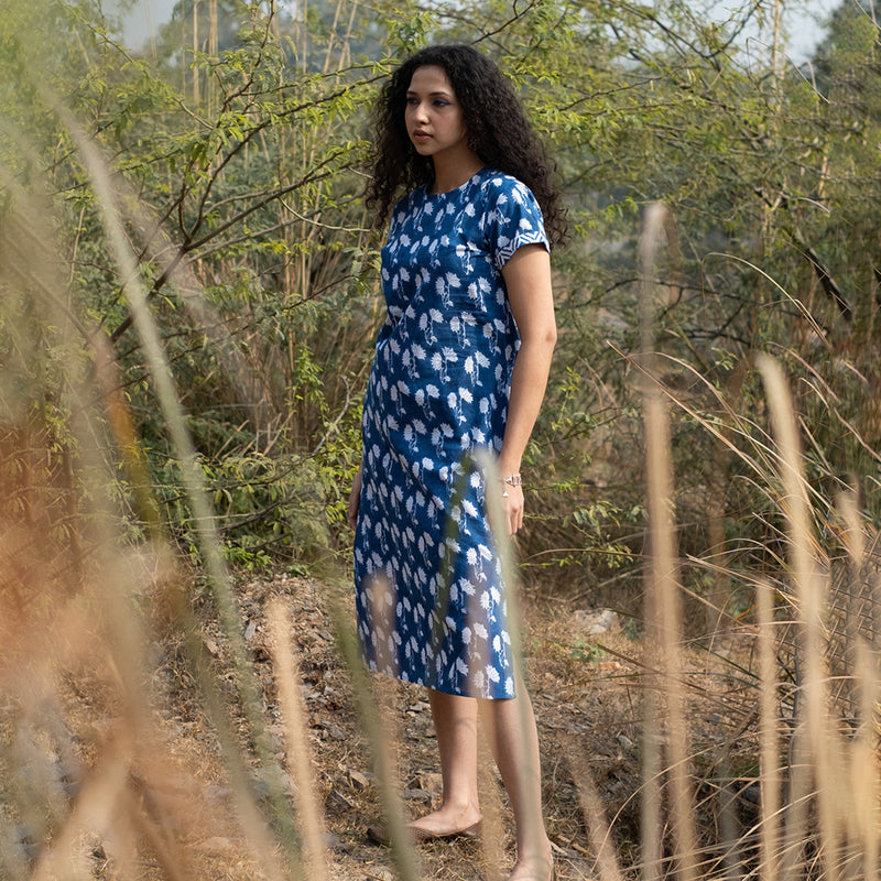 Cotton Midi Dress for Women | Block Print | Indigo