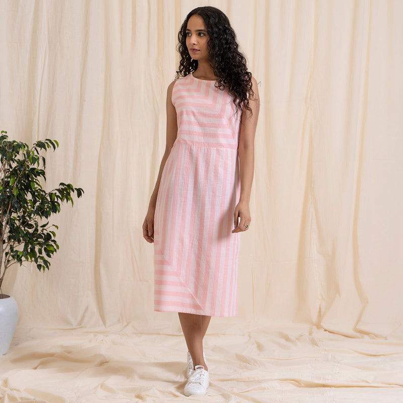 Cotton Pink Midi Dress for Women | Striped