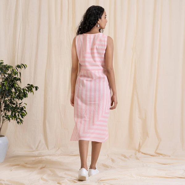 Cotton Pink Midi Dress for Women | Striped