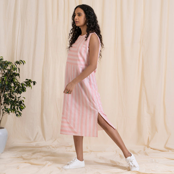 Cotton Pink Midi Dress for Women | Striped