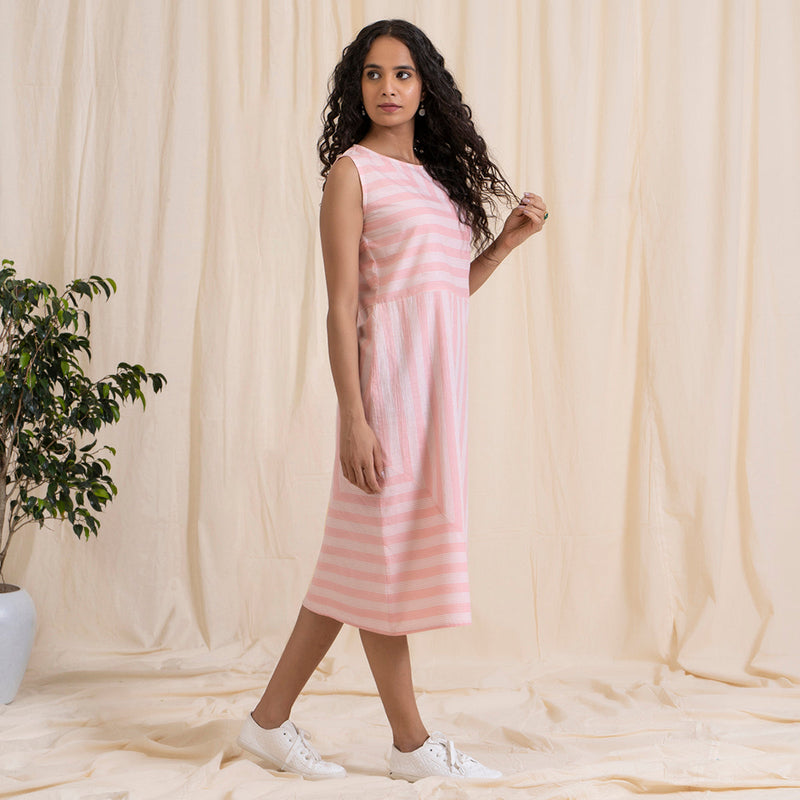 Cotton Pink Midi Dress for Women | Striped