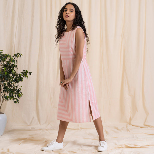 Cotton Pink Midi Dress for Women | Striped