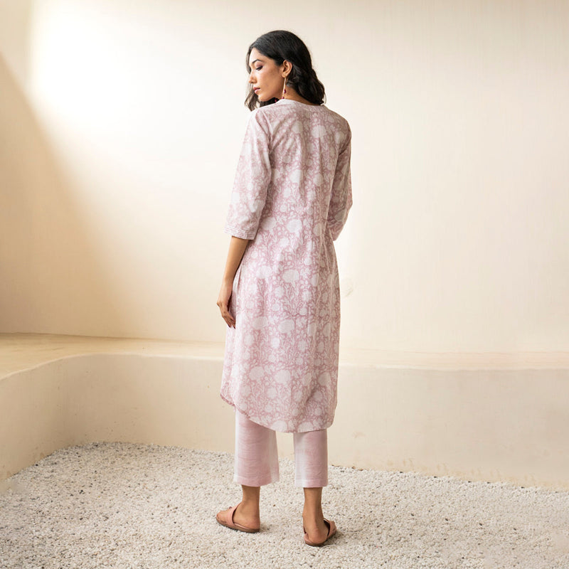 Cotton Flared Kurta for Women | Handblock Print | Pink