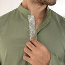 Cotton Kurta for Men | Green | Mandarin Collar