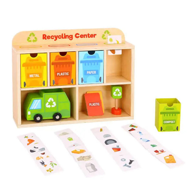 Wooden Garbage Truck Toy Set | Recycling Center Playset | Multicolour | 8 Pcs