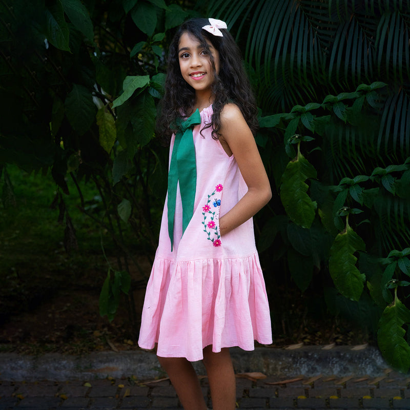 Cotton Dress for Kid Girls | Ruffled Design | Pink & Green