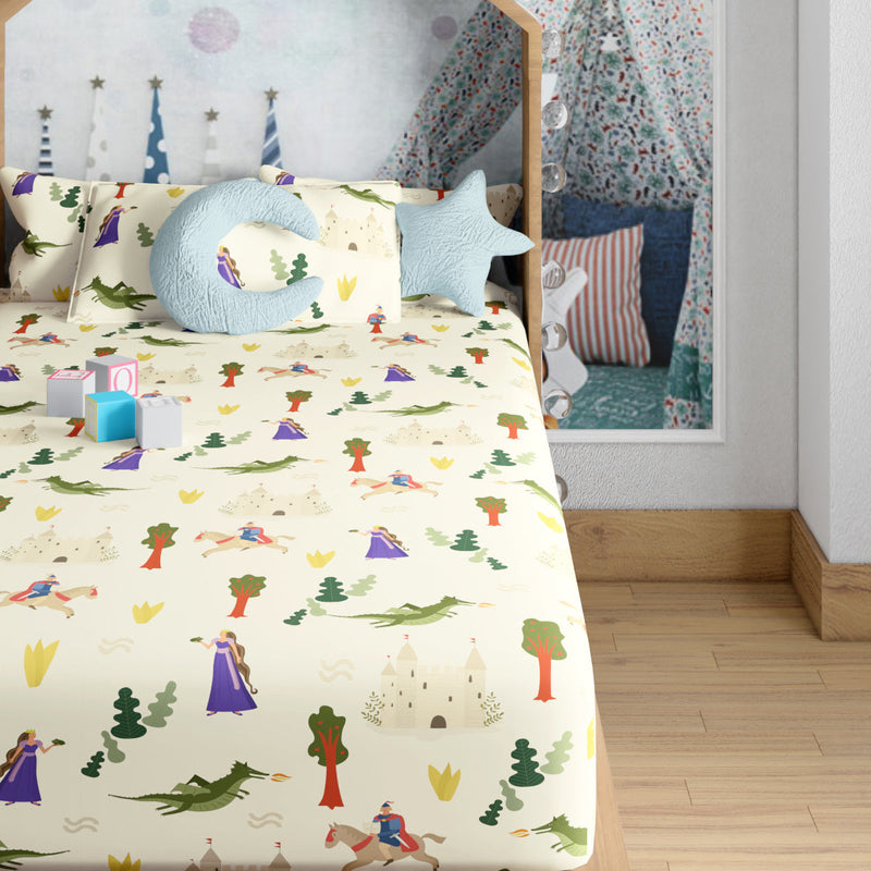 Cotton Kids Bed Sheet With Pillow Cover | Castle Print | Cream