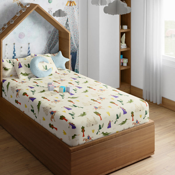 Cotton Kids Bed Sheet With Pillow Cover | Castle Print | Cream