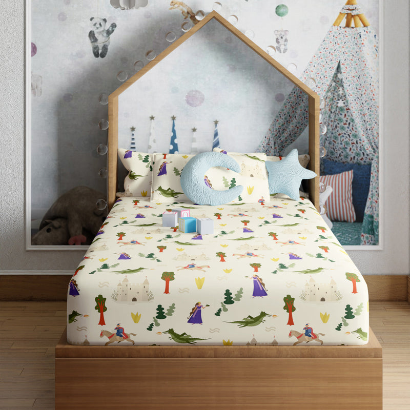 Cotton Kids Bed Sheet With Pillow Cover | Castle Print | Cream